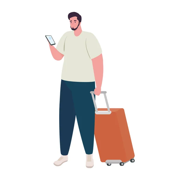 Turista usando smartphone con equipaje sobre fondo blanco — Vector de stock