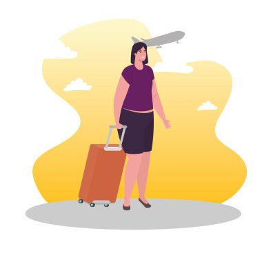 Bavul ve uçakla yürüyen turist kadın.