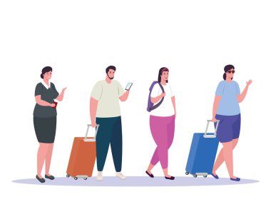 Turistler yürüyor, hostesler beyaz arka planda.