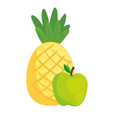 Taze meyve, elma yeşili ve ananas, beyaz arkaplan