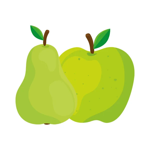 Frutas frescas, verde manzana y pera, en fondo blanco — Vector de stock