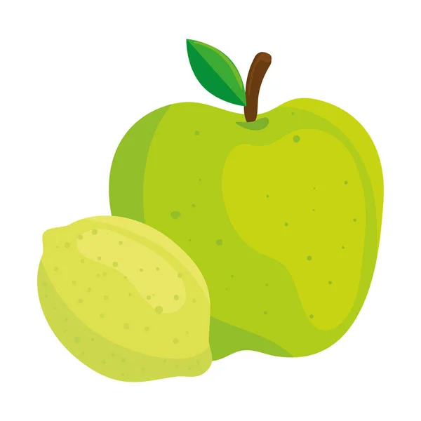 Frutas frescas, limón y manzana verde, en fondo blanco — Vector de stock