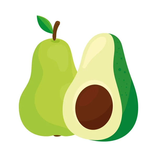 Verse groenten en fruit, peer en avocado, in witte achtergrond — Stockvector