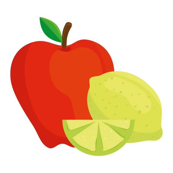 Frutas frescas, limón y manzana roja, en fondo blanco — Vector de stock