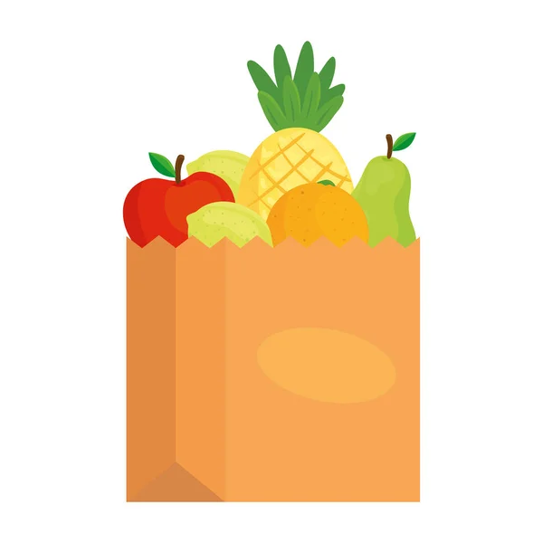 Frutas frescas y sanas en papel de bolsa, sobre fondo blanco — Vector de stock