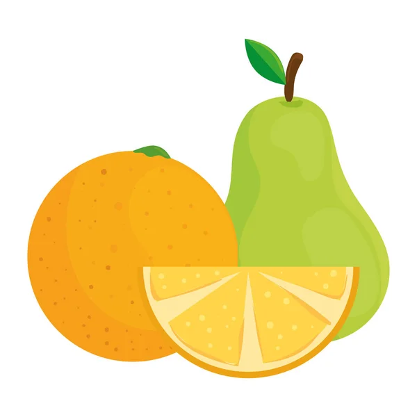 Frutas frescas, naranjas y peras, en fondo blanco — Vector de stock