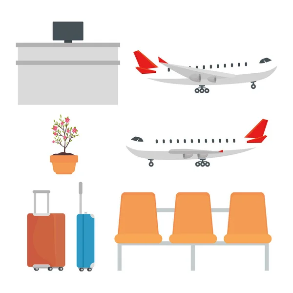 Modernes Passagierflugzeug, Stühle, Gepäck, Topfpflanze und Rezeption — Stockvektor