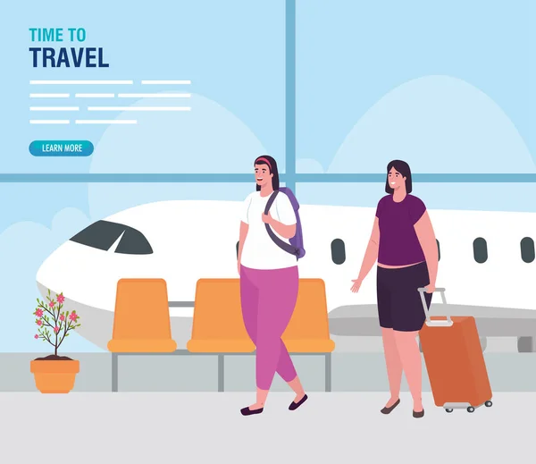 Vrouwen in de luchthaventerminal, passagiers in de luchthaventerminal met bagage — Stockvector