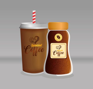 Marka modeli kahve, şirket kimliği modeli, şişe ve tek kullanımlık kahve.