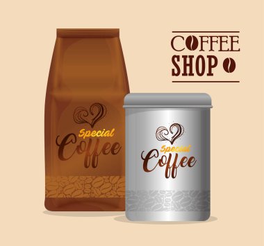 Marka modeli kahve dükkanı, restoran, şirket kimliği modeli, şişe ve çanta dolusu özel kahve.