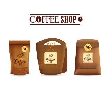 Marka model kahve dükkanı, kurumsal kimlik modeli, beyaz arka planda özel kahve poşetleri.