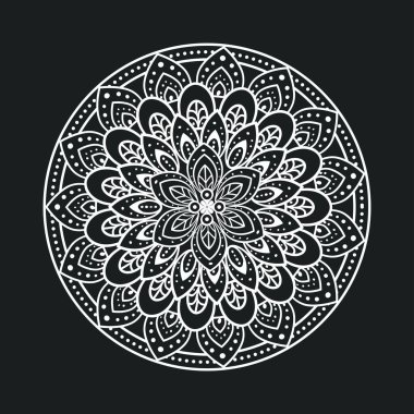 Siyah arka planda beyaz lüks mandala, klasik lüks mandala, süs dekorasyonu.