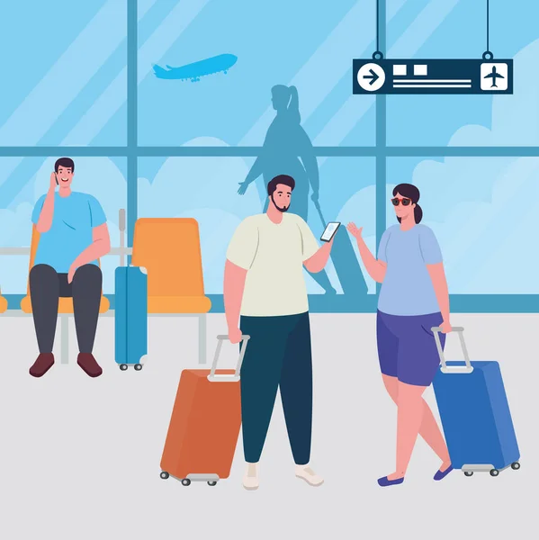 Grupo de personas en la terminal del aeropuerto, pasajeros en la terminal del aeropuerto con equipaje — Vector de stock
