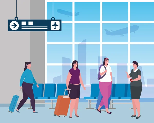 Femmes de groupe et hôtesse de l'air dans l'aérogare, passagers à l'aérogare avec bagages — Image vectorielle