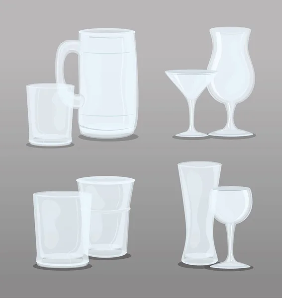 Set iconos de maqueta, vasos transparentes vacíos en fondo gris — Archivo Imágenes Vectoriales