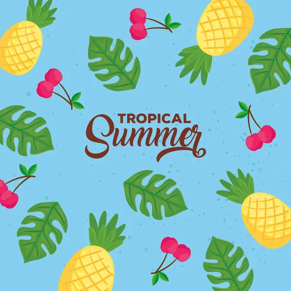 Bandeira de verão tropical com fundo de folhas e frutas —  Vetores de Stock