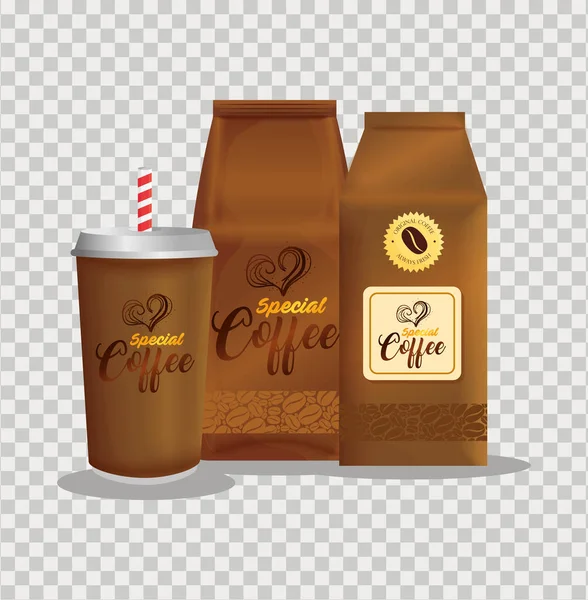 Branding mockup καφετέρια, εταιρική ταυτότητα mockup, τσάντες χαρτί και μιας χρήσης του ειδικού καφέ — Διανυσματικό Αρχείο