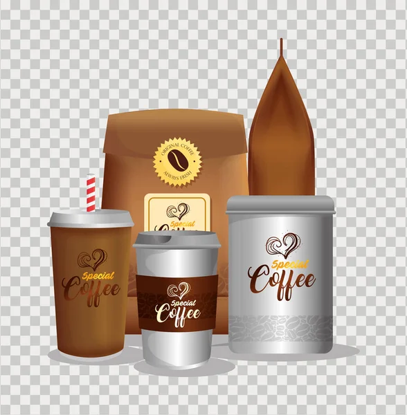 Branding mockup kafé, företags identitet mockup, engångs, flaska och påsar papper av speciella kaffe — Stock vektor
