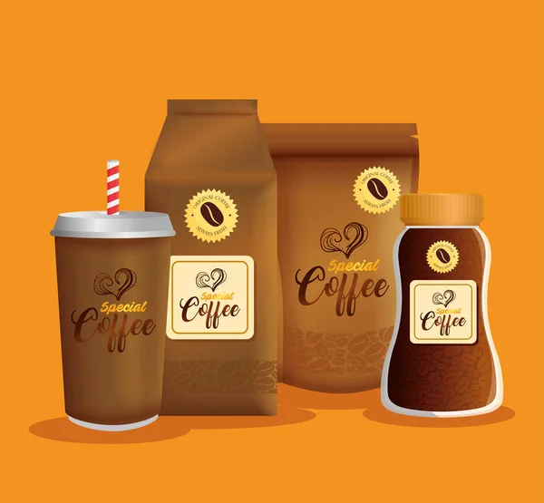 Marca maqueta cafetería, maqueta de identidad corporativa, paquete con cremallera, papel de bolsa, desechable y botella de café especial — Vector de stock