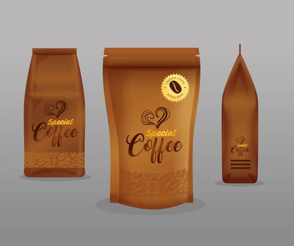 Marca maqueta cafetería, maqueta de identidad corporativa, paquete con cremallera y bolsas de papel de café especial — Vector de stock