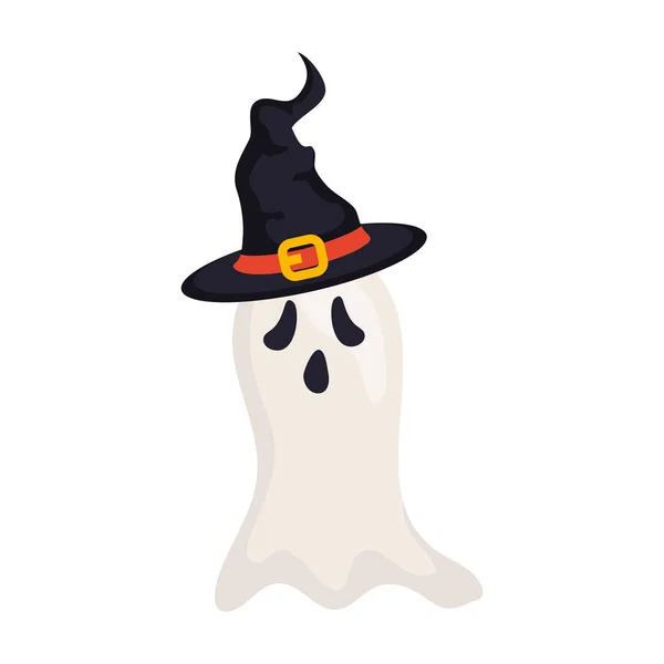 Halloween, fantasma spaventoso con cappello strega su sfondo bianco — Vettoriale Stock