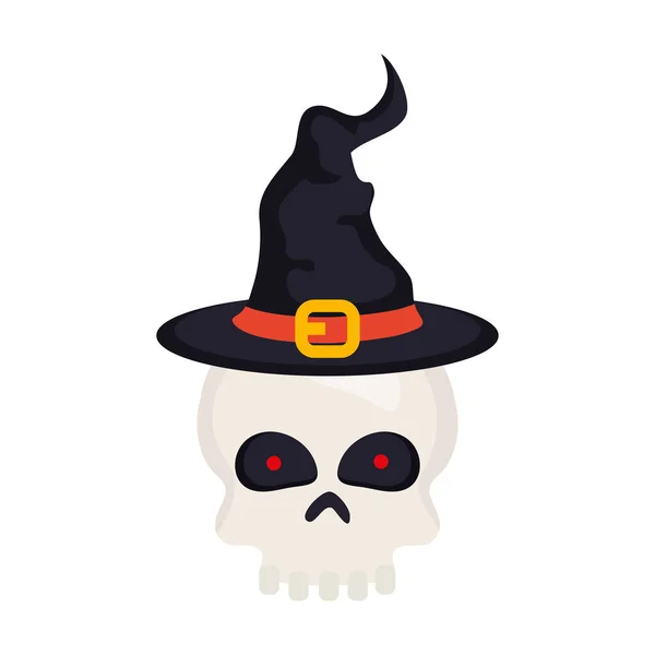 Halloween, crâne avec chapeau sorcière en fond blanc — Image vectorielle