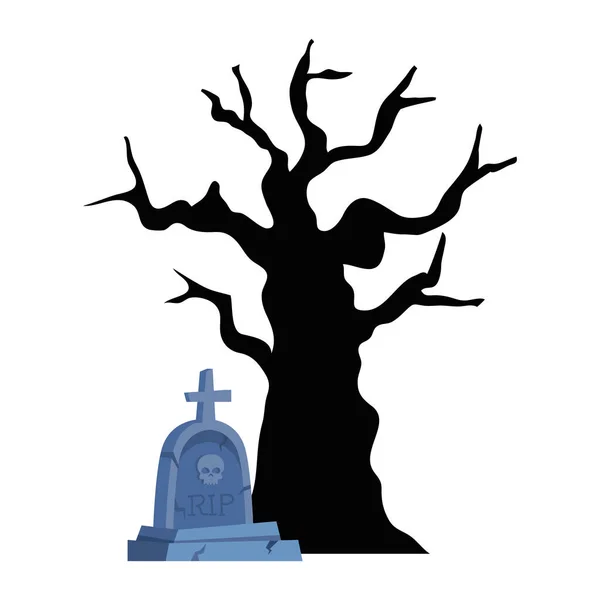 Надгробие на Хэллоуин с сухим деревом на белом фоне — стоковый вектор
