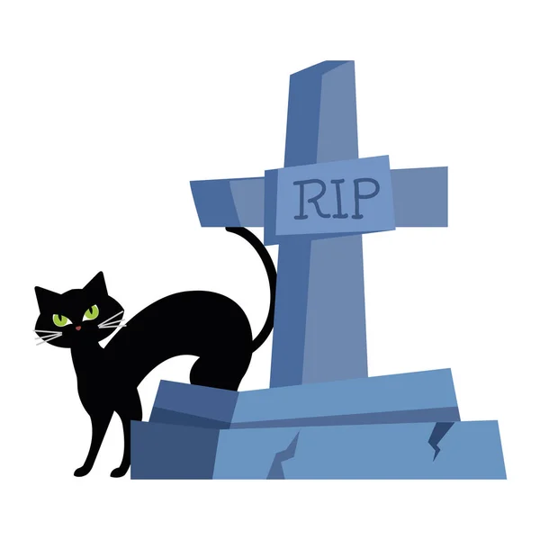 Halloween, aranyos fekete macska sírkő fehér háttér — Stock Vector