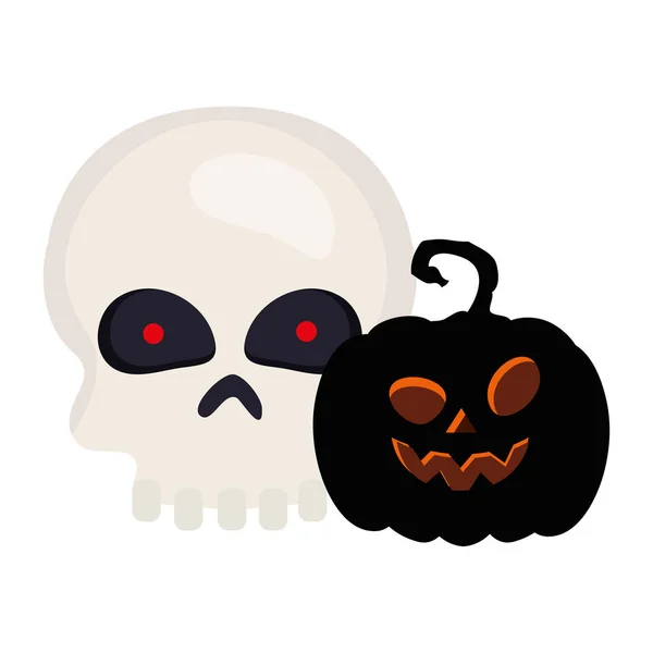 Halloween, cráneo con calabaza oscura en fondo blanco — Vector de stock