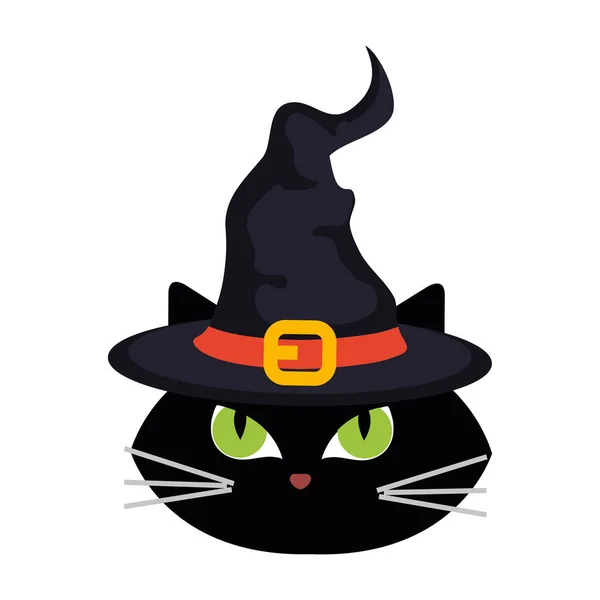 Halloween, face of cute black cat with hat witch — Stock Vector