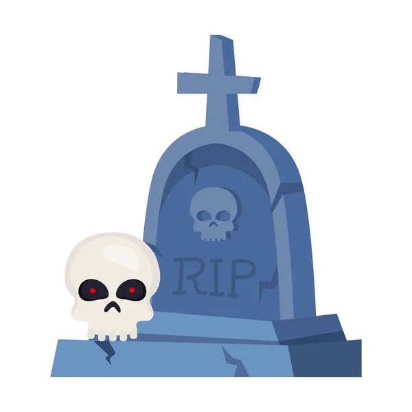 Pierre tombale halloween avec croix et crâne sur fond blanc — Image vectorielle