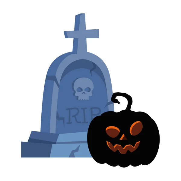 Halloween náhrobek s tmavou dýní v bílém pozadí — Stockový vektor