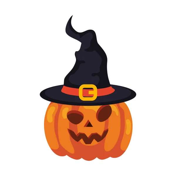 Calabaza de halloween con sombrero bruja sobre fondo blanco — Vector de stock