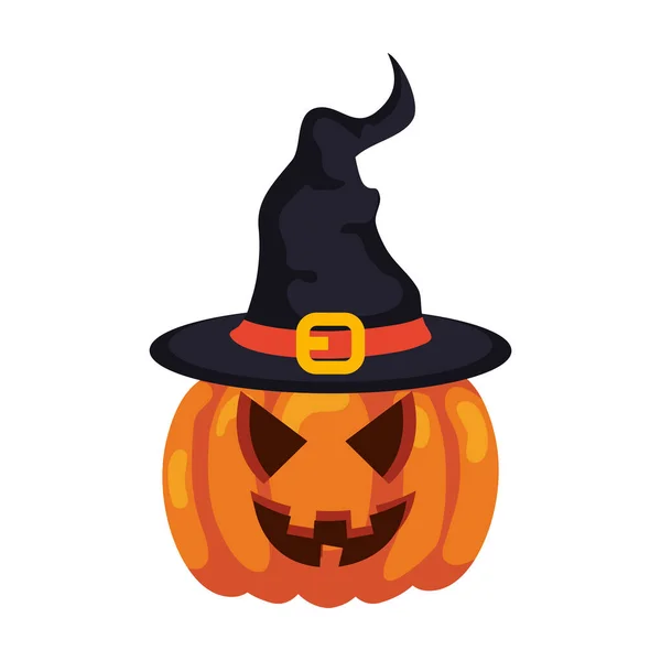 Calabaza de halloween con sombrero bruja en fondo blanco — Vector de stock