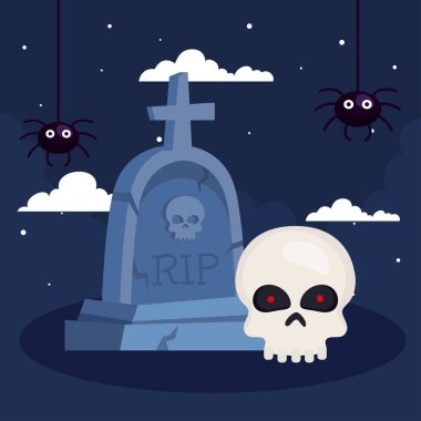 Mezar taşı, kafatası ve örümcekli Cadılar Bayramı bayrağı