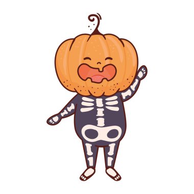 Mutlu cadılar bayramı kutlaması için iskelet ve balkabağı kılığına girmiş çocuk.