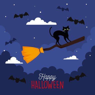 Cadılar Bayramı bayrağınız kutlu olsun, uçan cadı süpürgesinde kedi