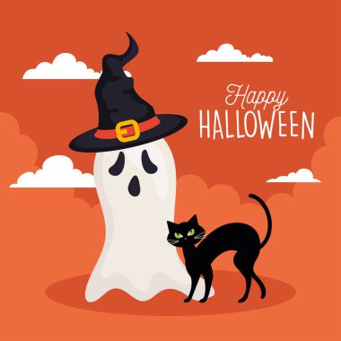 Cadılar Bayramı bayrağınız ve hayaletiniz kutlu olsun, cadı şapkalı ve kedi