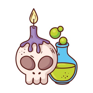 Cadılar bayramı, beyaz arka planda mum ve iksir ile kafatası