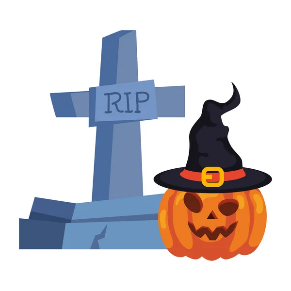 Halloween nagrobek i dynia z kapeluszem czarownica w białym tle — Wektor stockowy