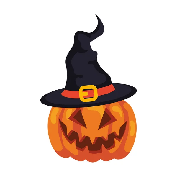 Calabaza de halloween con sombrero bruja, en fondo blanco — Vector de stock