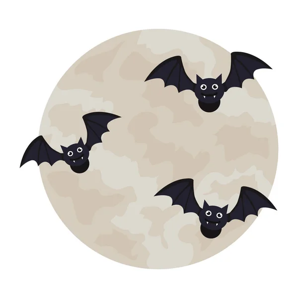 Halloween, murciélagos volando con luna llena en fondo blanco — Vector de stock