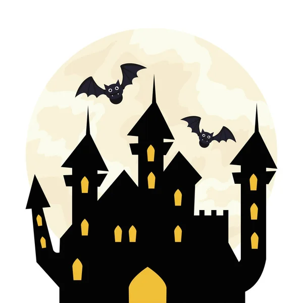 Halloween, castillo encantado con murciélagos volando en fondo blanco — Vector de stock