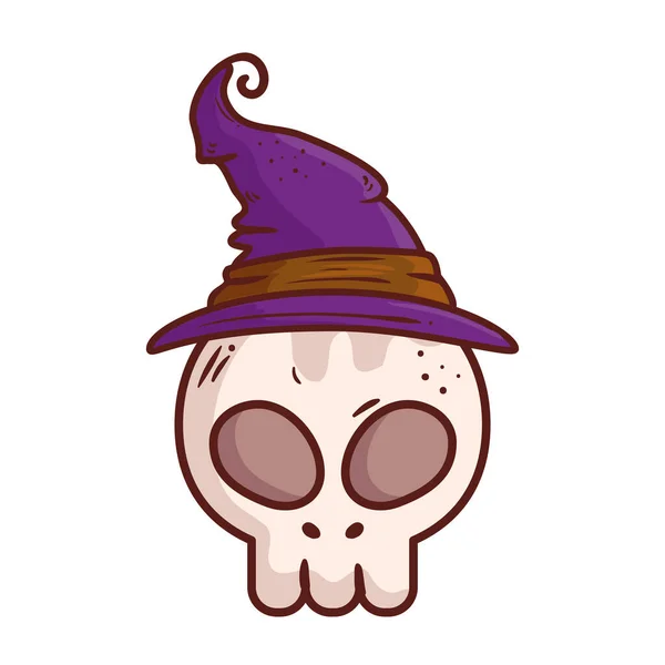 Halloween, skull with hat witch isolated icon — Stock Vector