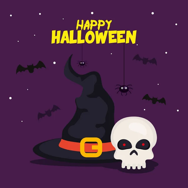 Feliz banner halloween com chapéu bruxa, morcegos, aranha e crânio —  Vetores de Stock