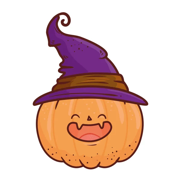 Halloween bonito abóbora sorrindo com chapéu bruxa, em fundo branco —  Vetores de Stock