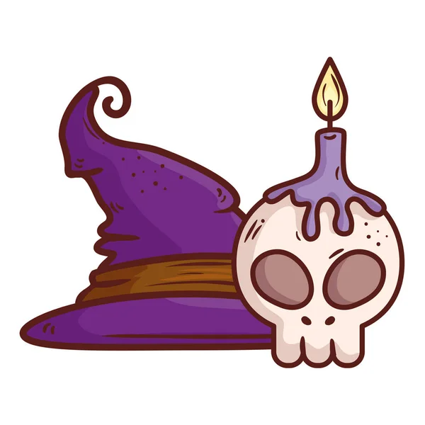 Halloween, chapeau sorcière et crâne avec bougie sur fond blanc — Image vectorielle