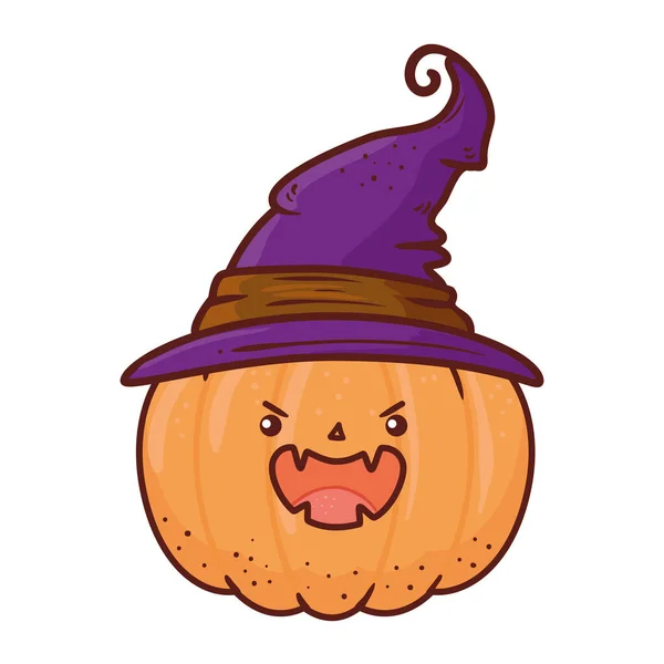 Halloween, linda calabaza con sombrero bruja — Vector de stock