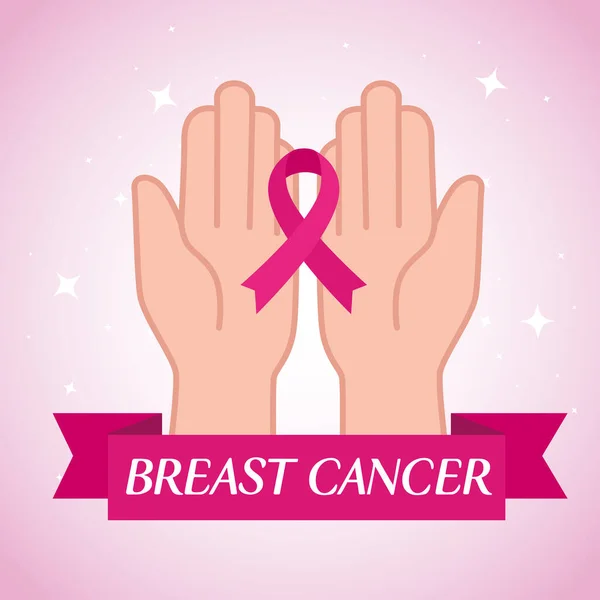 Händer med rosa band, symbol för världens bröstcancer medvetenhet månad i oktober — Stock vektor
