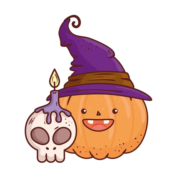 Halloween, abóbora bonito usando chapéu bruxa com crânio e vela —  Vetores de Stock